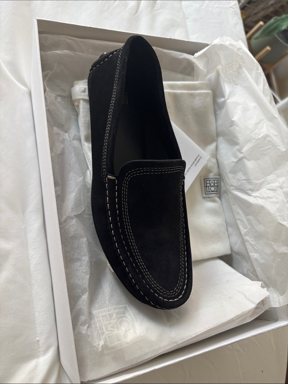 Toteme Black Suede Loafer White Contrast Stitching